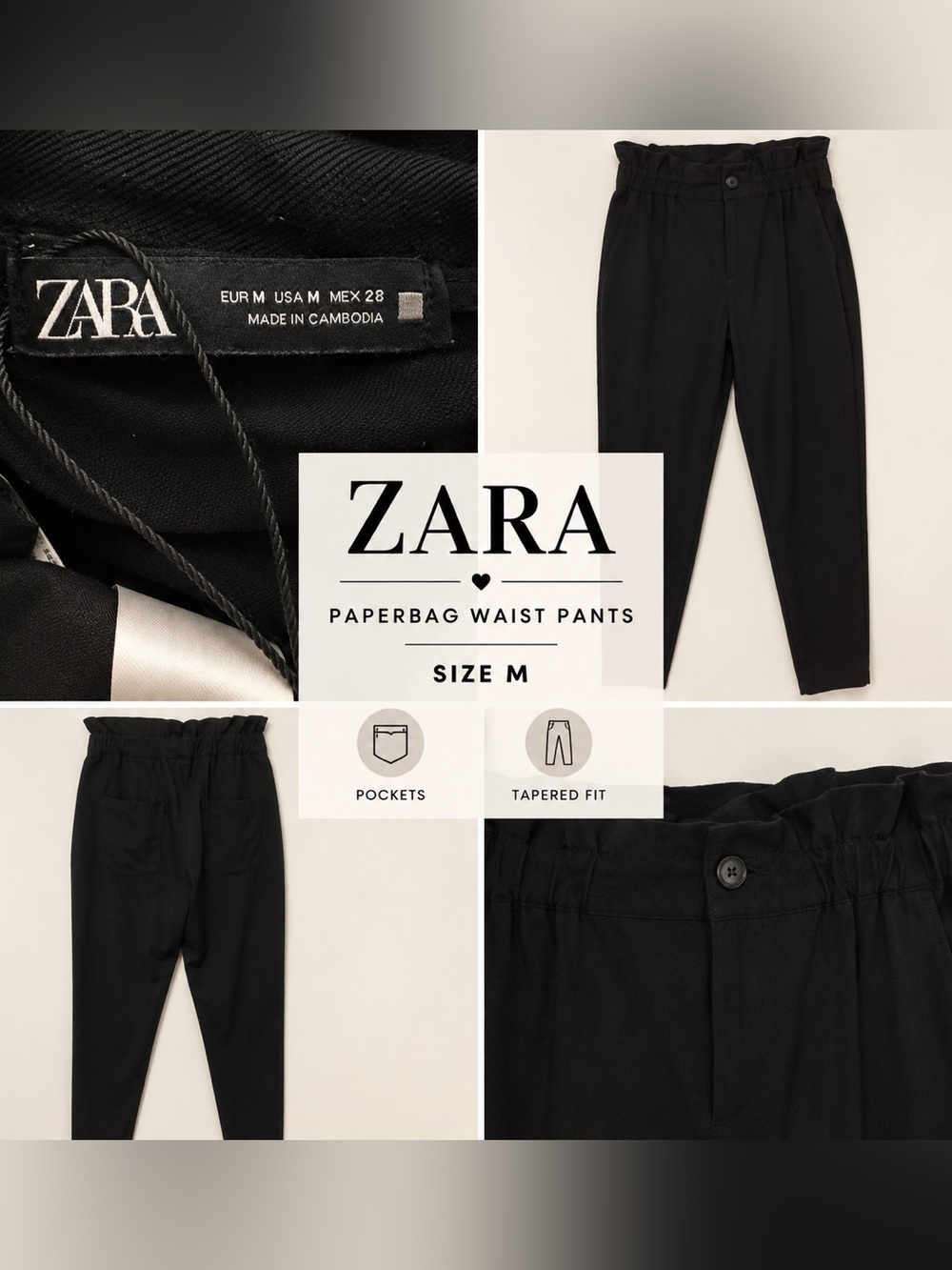 Zara Black Paperbag Waist Tapered Pants